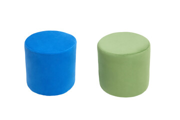 unusual modern green and blue cylindrical padded stools upholstered with soft fabric in strict...