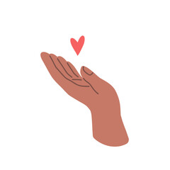 Hand gesture expressing love. Hand holding red heart. Vector flat illustration