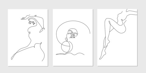 Vector set of illusstrations in one line art style of silhouette of a woman. Line art illustration of lady in minimalist style for wall art, poster