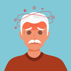Senior man having dizzy symptom in flat design. Old man feeling vertigo or fainting. Dizziness illness.