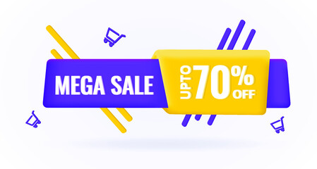 Mega Sale 3D banner for promotion and discount, marketing. Beat offer. Discount Up to 70%. This weekend only. Web button, modern design. Explosion of discounts