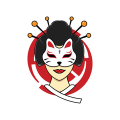 Japanese geisha with kitsune mask illustration