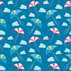 Flying kite in the sky with clouds, watercolor illustration, seamless pattern on a blue background