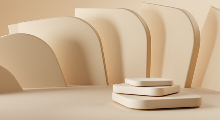 Square step podium with rounded corners on background abstract geometric shapes on wall. Empty stone pedestal or platform, 3d render. Elegant beige studio in natural pastel colors for display product