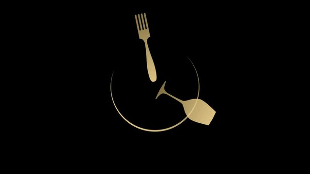 Time to eat and drink. A plate with a clock. Golden plate with wine glass and fork as a watch hand.