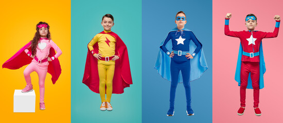Fearless team of superhero kids in studio