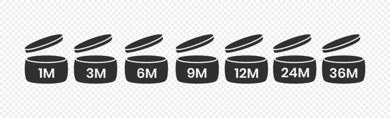 PAO, period after open icon sign set flat style design vector illustration isolated on transparent bd. 1, 3, 6, 9, 12, 24, 36 month pao expiration period for cosmetic packaging line art symbol.