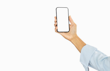 Hand holding black smartphone with white screen mockup and isolated on white background and copy space , smartphone frameless application design concept.