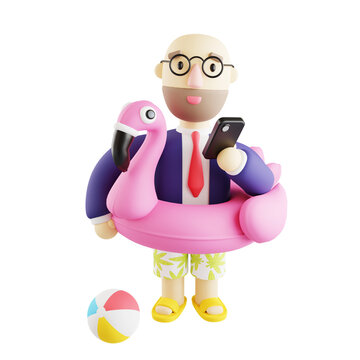 Business man goes on vacation. Cartoon funny office worker in swimming shorts with pink inflatable flamingo. Online travel app concept. 3D render illustration