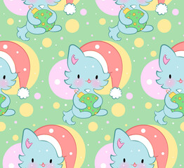 Seamless ornament with cute kittens in kawaii style. Vector pattern. Merry Christmas cats.