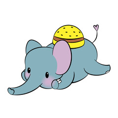 Emotional sticker with cute elefant. Kawaii style. Cartoon emoji sticker with flying elefant and hamburger. Vector illustration.