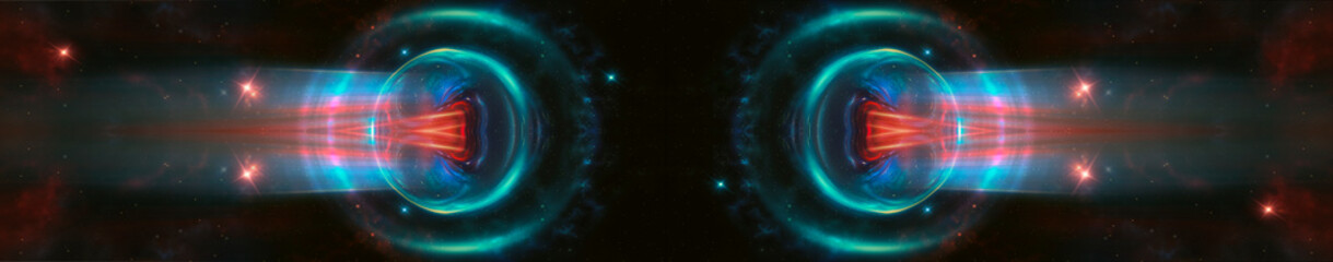 Space galactic fantasy futuristic abstraction. Space nebulae and galaxies. Flashes of light, the movement of light in space. Neon rays and lines of light. 3D illustration