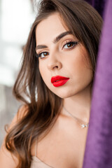Perfect woman with red lips close up fashion portrait