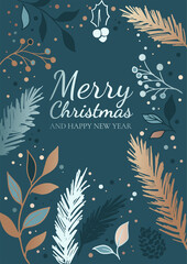 christmas card with rough hand drawn forest elements in gold, silver and blue colours