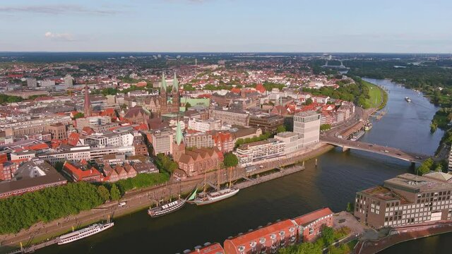 Bremen: Aerial view of city in Germany, historic center with cathedral St. Petri Dom Bremen in summer - landscape panorama of Europe from above