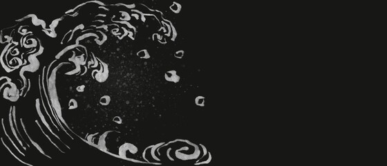 海のイメージ・銀色の波文様の横長抽象バナー　黒背景　江戸　和風　渦　筆　水しぶき　スペース　ダーク