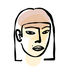 Contemporary Asian American woman art portrait, line art woman's face and shapes. Poster, banner in boho pastel palette.