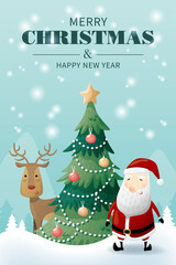Fototapeta na wymiar Christmas celebrations with Santa, Christmas tree and reindeer. Merry Christmas illustration for banner, flyer, greeting card, poster and advertisement.