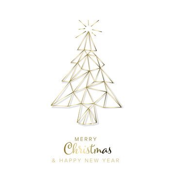Minimalist modern christmas card with tree made from golden wires