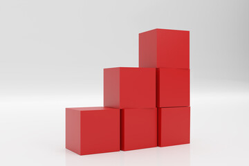 Obraz premium a pile of red boxes stack as stair step on white background. Success, climbing to the top, Progression, business growth concept. 3D Render Illustration.