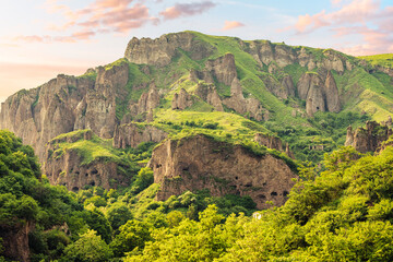 Fototapeta na wymiar A view of the ancient cave city of Khndzoresk in Armenia is a popular tourist and historical destination for tourism and explore