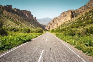 View of a road in a narrow picturesque Zangezur gorge of Amaghu river in national park in Armenia near Noravank monastery