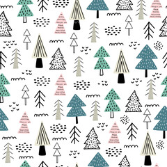 Forest seamless pattern. Scandinavian style. Forest consisting of different trees. Background for kids fabric, textile, nursery wallpaper. Seamless landscape.