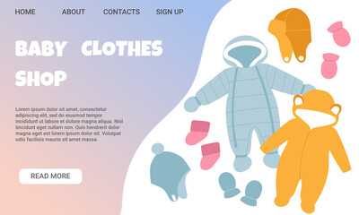 Baby clothes shop. Landing page template. Kids store, newborn clothes, baby shop. Vector illustration
