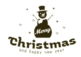 Gold metallic Merry Christmas logo mark. Snowman illustration. Three-dimensional vintage design.