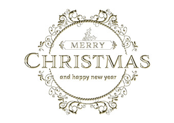 Gold metallic Merry Christmas logo mark. Three-dimensional vintage design.