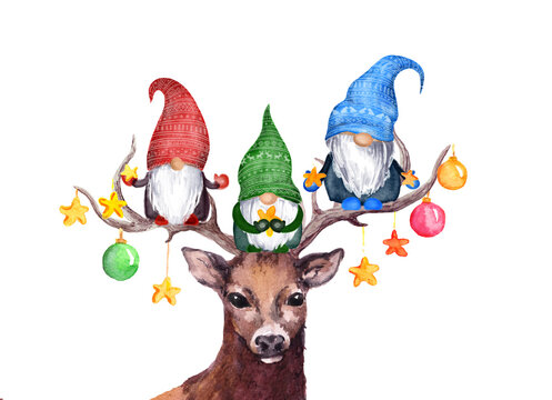 Christmas gnomes on deer horns with baubles and stars. Scandinavian dwarves and cute reindeer animal. Watercolor for xmas, New year