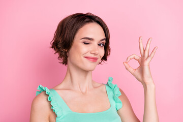 Portrait of attractive cheerful content girl showing ok-sign winking advert isolated over pink pastel color background