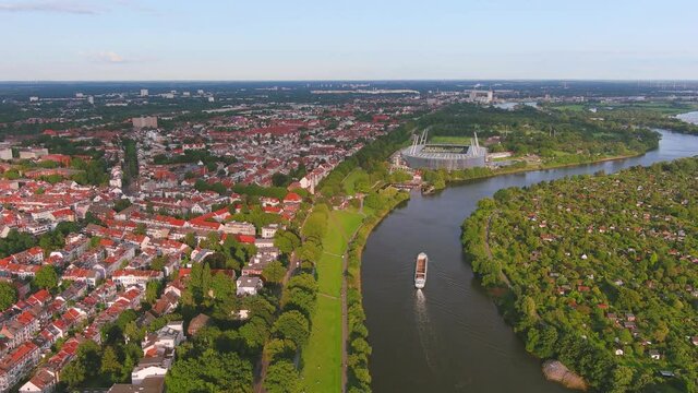 Bremen: Aerial view of city in Germany and capital of Free Hanseatic City of Bremen (Freie Hansestadt Bremen) in summer, river Weser - landscape panorama of Europe from above