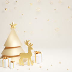 3d render Golden reindeer decorated on white background. Merry Christmas and Happy New Year concept.