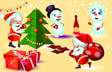 Set of Cute Cartoon Christmas Characters. Snowman and Santa Claus, gifts and champagne.Isolated on a light background.Vector illustration
