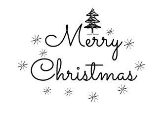 Black and white Hand-painted Merry Christmas logo. Christmas tree. Vintage design.
