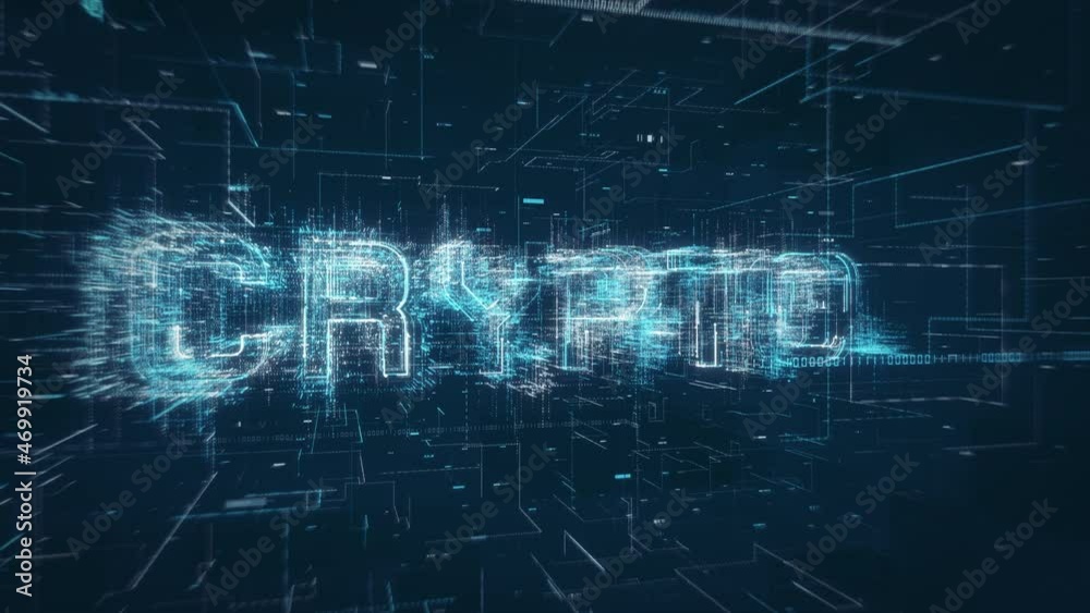 Poster Crypto currency title key word build up animation on a binary code digital network background