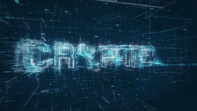 Crypto currency title key word build up animation on a binary code digital network background