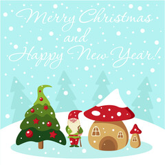 Christmas greeting card cute gnome near his house on a blue background. Vector flat illustration of a Christmas gnome in a snowy forest near a Christmas tree. EPS 10.