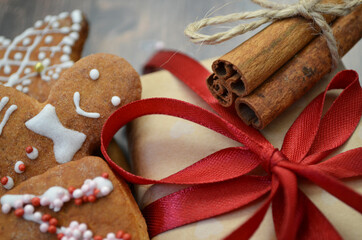 
Christmas decoration, gift, red ribbon, gingerbread
