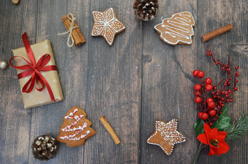 
Christmas decoration, gift, red ribbon, gingerbread