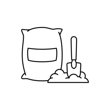 recommend clip art: Bag and pile with stuck shovel. Linear icon of textile packing of flour, cement, grain, soil, fertilizer. Outline simple vector. Contour isolated pictogram on white background