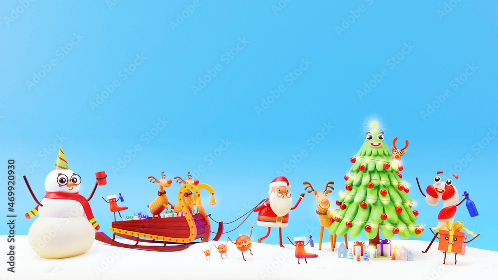 Sticker 3D Rendering Of Decorative Cartoon Christmas Tree With Cute Santa Claus, Snowman, Reindeer Sleigh On Blue Snowy Background.