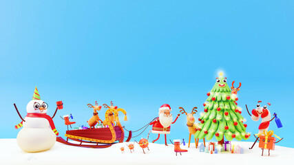3D Rendering Of Decorative Cartoon Christmas Tree With Cute Santa Claus, Snowman, Reindeer Sleigh On Blue Snowy Background.