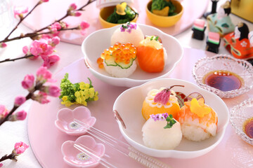 Homemade ball-shaped sushi for Japanese doll's festival. ひなまつり　桃の節句　手まり寿司　