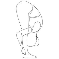 Woman doing Yoga Standing Forward Bend pose. Continuous line drawing. Yoga class exercise concept. Vector illustration
