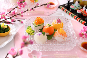 Homemade ball-shaped sushi for Japanese doll's festival. ひなまつり　桃の節句　手まり寿司　