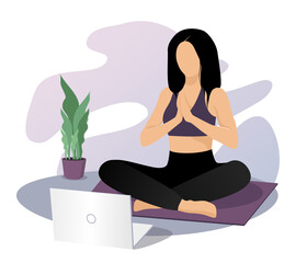 Woman watching online classes on laptop, practicing yoga, meditation and doing exercise. Live stream, internet education