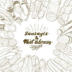 Frame background of sausage products. Sausages, bacon, lard, salami in sketch style.