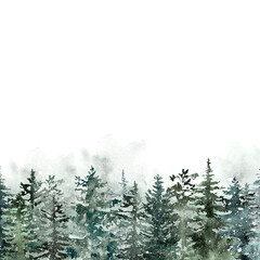 Watercolor winter forest background with falling snow. Hand painted foggy pine trees landscape on white backdrop. Christmas card design.